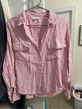 beachlunchlounge Pink and White Striped Button-Down Shirt